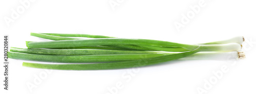 Fresh ripe green onions on white background