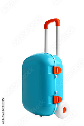 Stylish little blue suitcase on white background