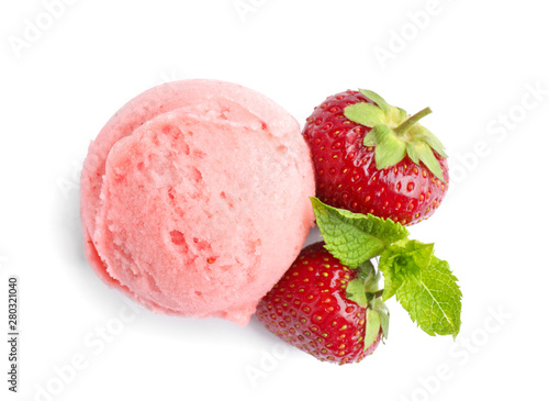 Scoop of delicious strawberry ice cream with mint and fresh berries on white background, top view