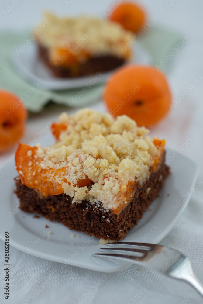 Delicious home made chocolate apricot cake with sweet streusel on a table Delicious home made chocolate apricot cake with sweet streusel on a table