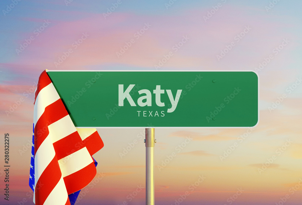 Katy – Texas. Road or Town Sign. Flag of the united states. Sunset oder Sunrise Sky. 3d rendering - obrazy, fototapety, plakaty 