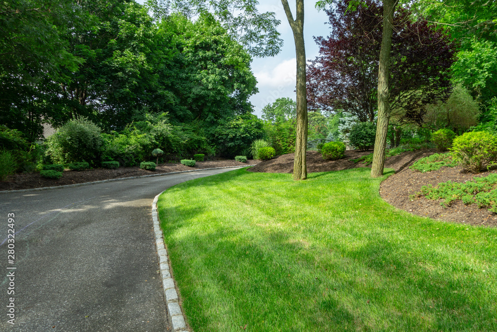 home landscape with mulching, grass, trees and shrubs on a summer day home landscape with mulching, grass, trees and shrubs on a summer day