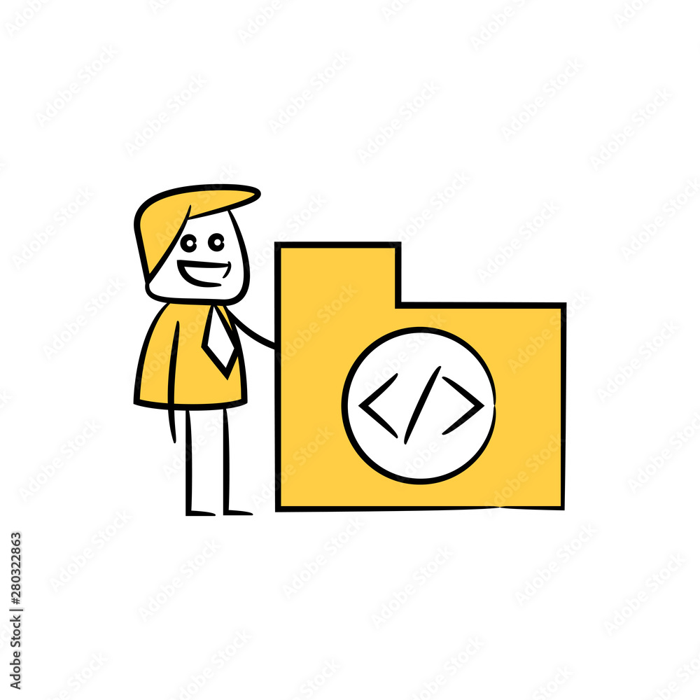 businessman coding folder concept in stick figure yellow theme