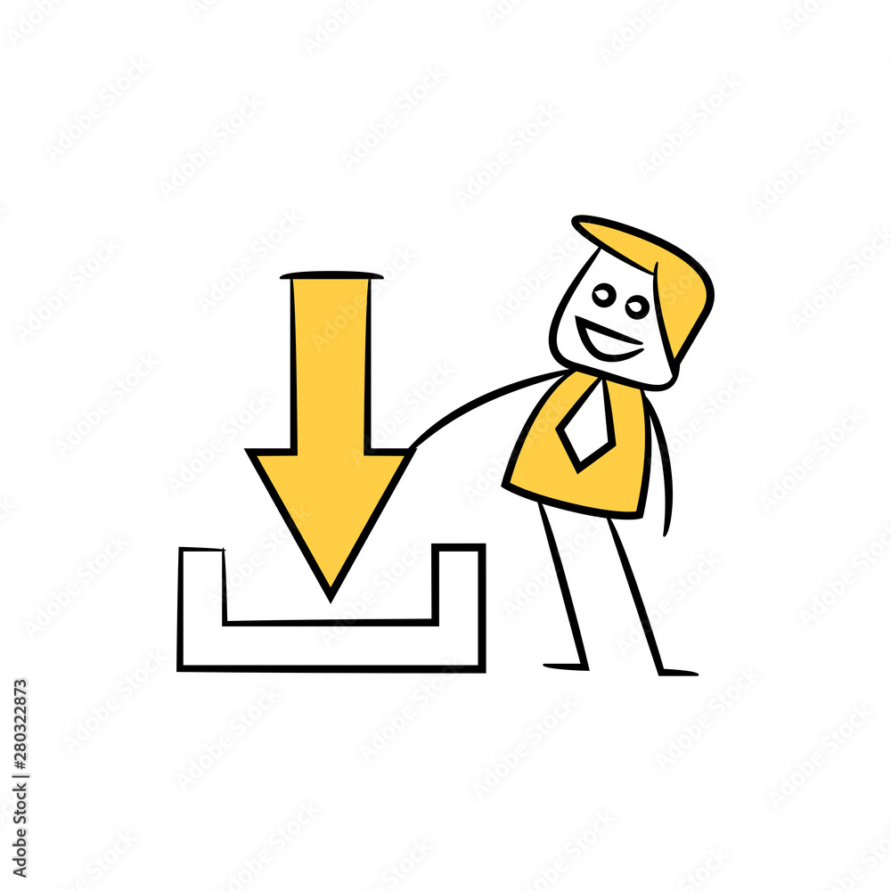 businessman and download icon concept in stick figure yellow theme businessman and download icon concept in stick figure yellow theme