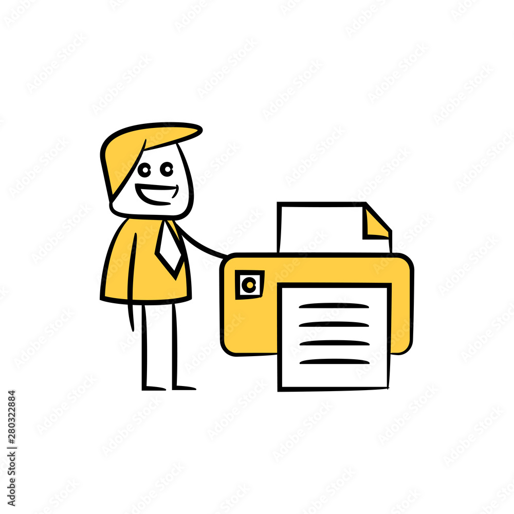 businessman and printer concept in stick figure yellow theme