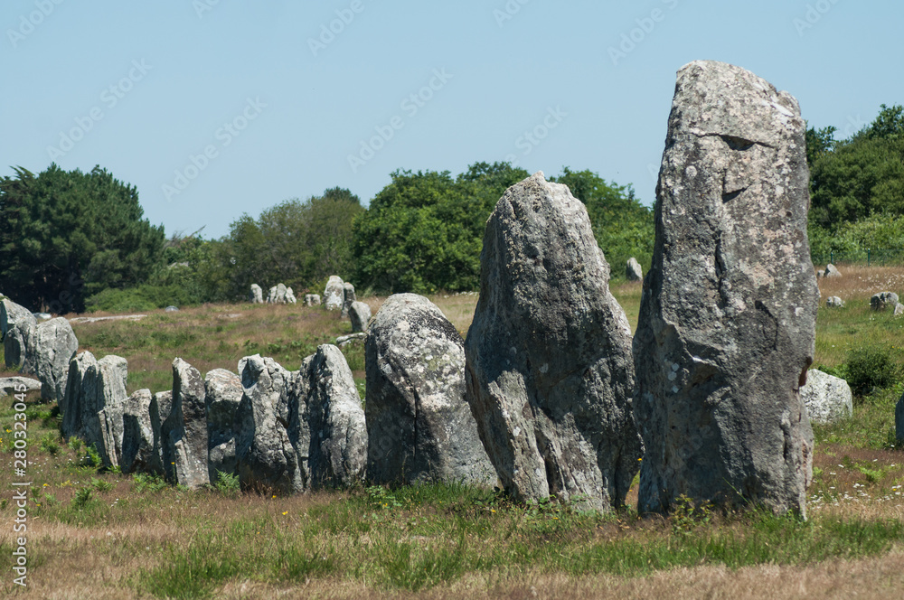 view of famous megalith alignment in Carnac Brittany  France