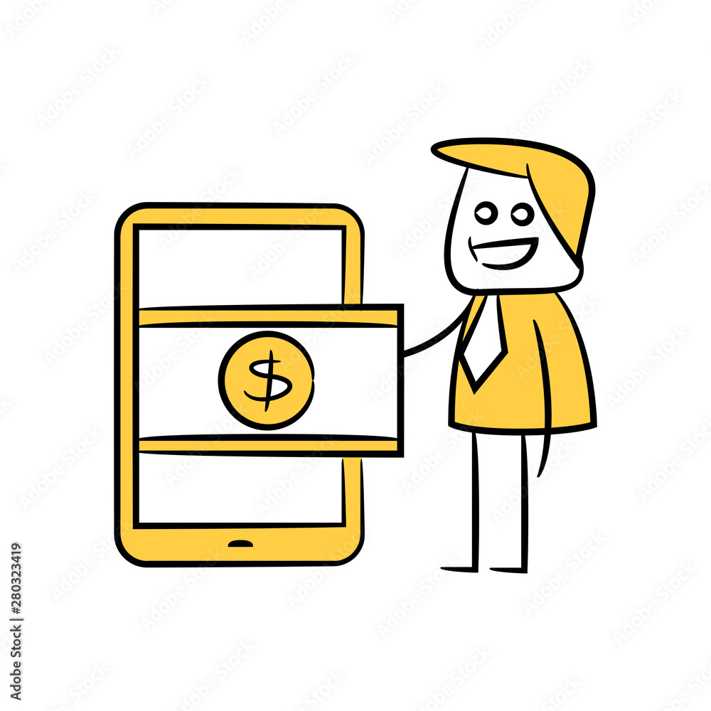 businessman and mobile payment yellow stick figure theme businessman and mobile payment yellow stick figure theme
