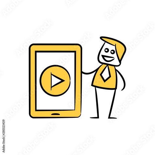 businessman and mobile video yellow stick figure theme