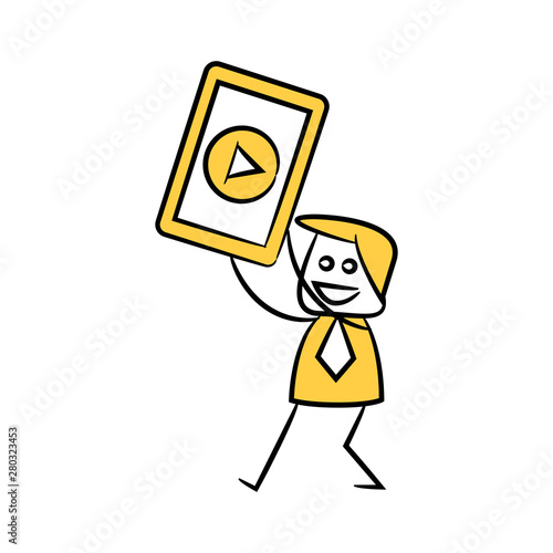 businessman and mobile video yellow stick figure theme
