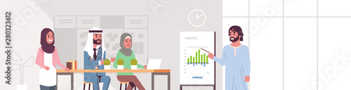 arabic businessman presenting financial graph on flip chart to arab businesspeople team at conference meeting training presentation concept modern co-working office interior portrait horizontal