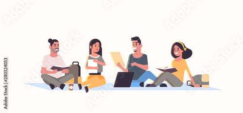 young teenage students group sitting together college friends relaxing and talking education concept flat female male cartoon characters horizontal full length