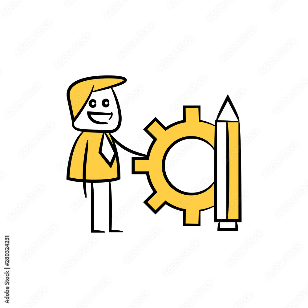 businessman and gear, pen icon in yellow stick figure theme