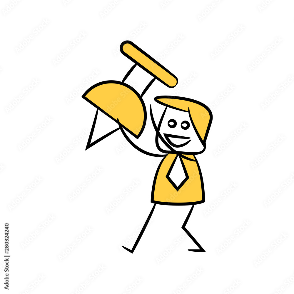 businessman holding pin icon in yellow stick figure theme