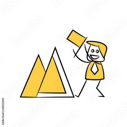 businessman holding flag and mountain icon in yellow stick figure theme