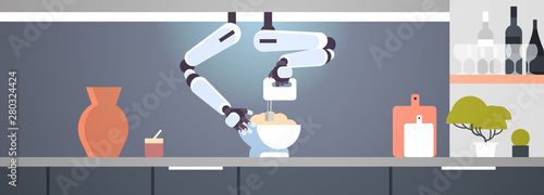 smart handy chef robot using mixer kneading dough in bowl for baking robotic assistant innovation technology artificial intelligence concept modern kitchen interior flat horizontal banner