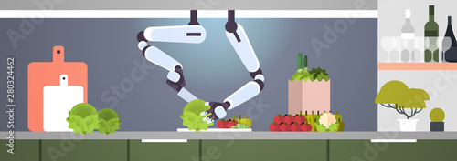 smart handy chef robot preparing vegetable salad robotic assistant innovation technology artificial intelligence concept modern kitchen interior flat horizontal banner