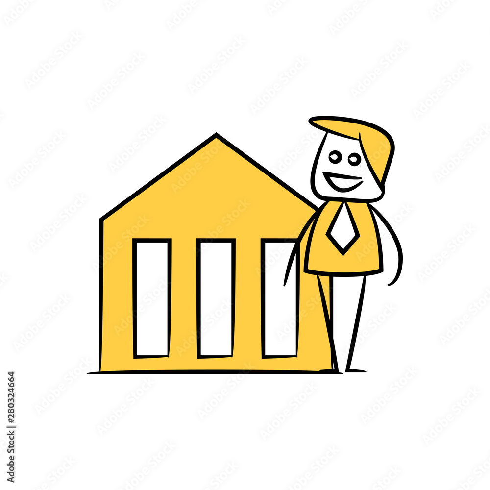 businessman and factory icon yellow stick figure theme