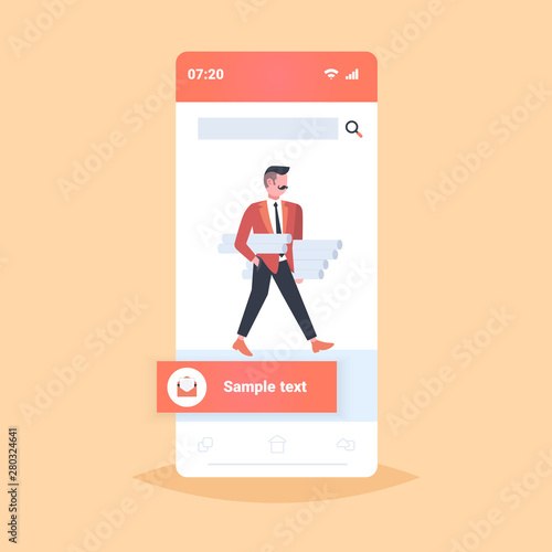 man architect holding rolled up blueprints engineer panning new project architecture construction industry concept contractor with architectural projects smartphone screen mobile app full length