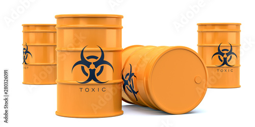 Yellow biohazard toxic waste barrels isolated photo
