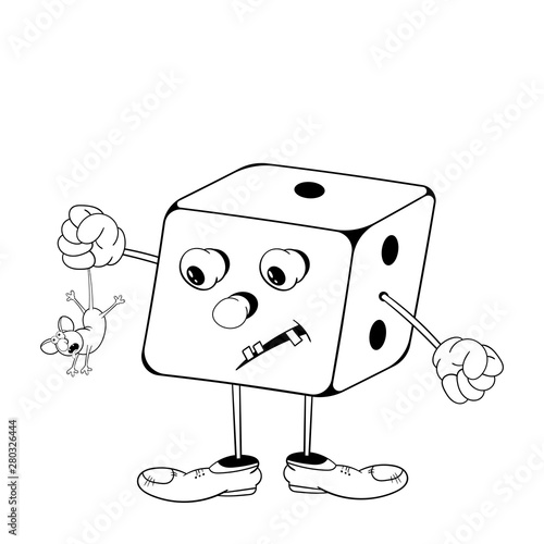 Funny cartoon dice game with eyes, arms and legs holding a little mouse in his hand. Black and white coloring