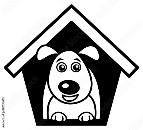 a smiling and happy dog sitting in his black doghouse