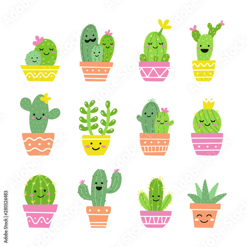 Cute cactus set. A collection of exotic potted plants with funny faces. Vector illustration.