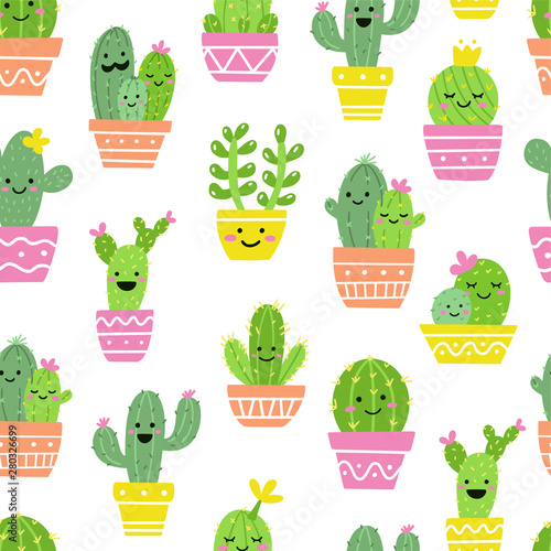 Vector seamless pattern with cute cacti. Kawaii illustration. Ideal for baby textiles or wrapping paper.