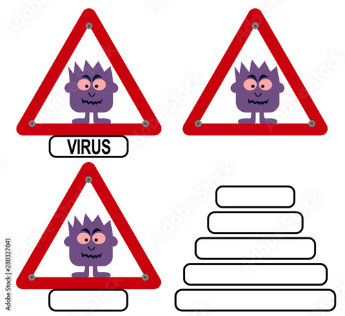 set of images of a virus infection with bacteria in red danger sign
