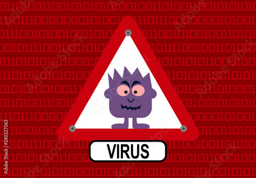 Concept of a computer virus and binary numbers with monster in warning panel