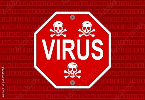 Concept of a computer virus and binary numbers with danger sign and skull