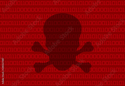 Concept of a computer virus and binary numbers with red skull