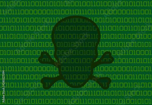 Concept of a computer virus and binary numbers with green skull