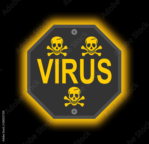 Virus icon yellow alert panel with skull on black background 