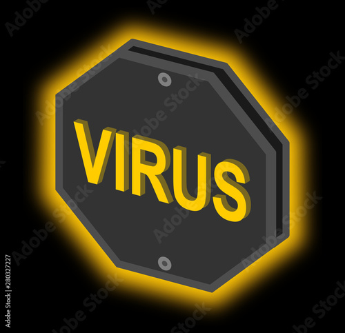 Virus icon yellow warning sign on black background