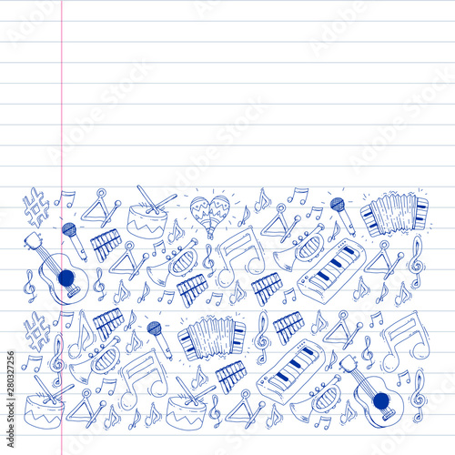 Music background for patterns. Vector illustration with musical instruments.