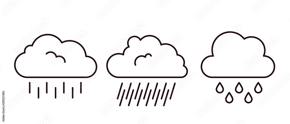 Outline clouds icon set. Weather sign with cloud and rain drops Outline clouds icon set. Weather sign with cloud and rain drops