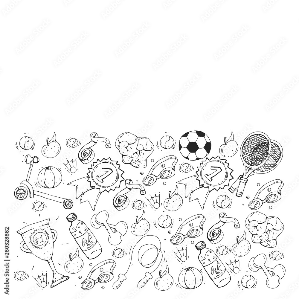 Vector pattern with sport elements. Fitness, games, exercises. Doodle icons in kids drawing style Vector pattern with sport elements. Fitness, games, exercises. Doodle icons in kids drawing style