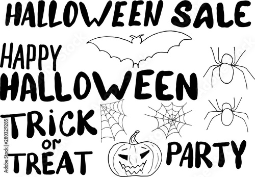 happy halloween hand drawing message with elements for design - bat, pumpkin, spider and cobweb. vector doodle illustration for posters, postcards