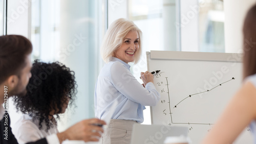 Smiling middle-aged female coach presenting business plan on flipchart