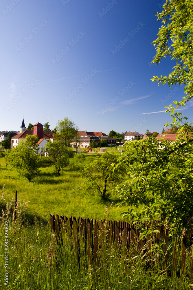 Beatiful spring rural landscape with blue sky