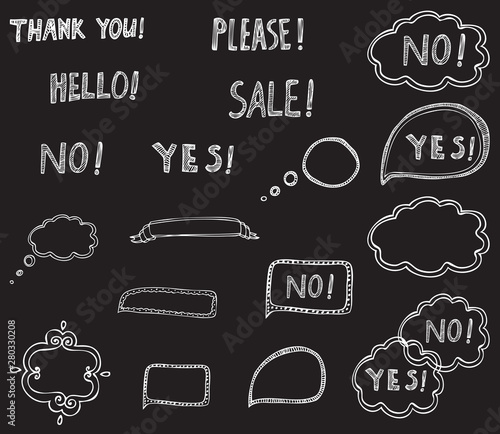 Doodles with text in sketch style. Hand drawn vector illustrations isolated on black background.