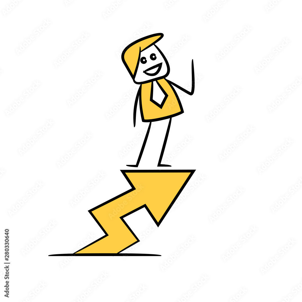 businessman standing on arrow chart yellow stick figure theme
