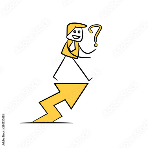 businessman standing on arrow chart with question mark yellow stick figure theme