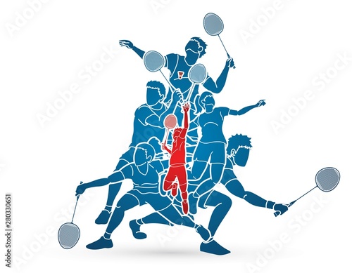 Group of Badminton player action cartoon graphic vector