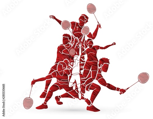 Group of Badminton player action cartoon graphic vector
