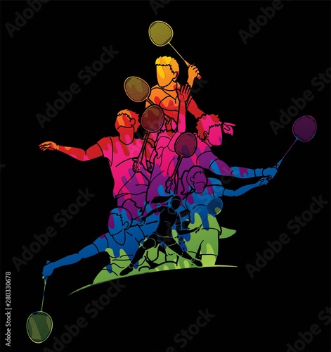 Group of Badminton player action cartoon graphic vector