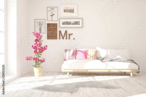 Stylish room in white color with sofa. Scandinavian interior design. 3D illustration