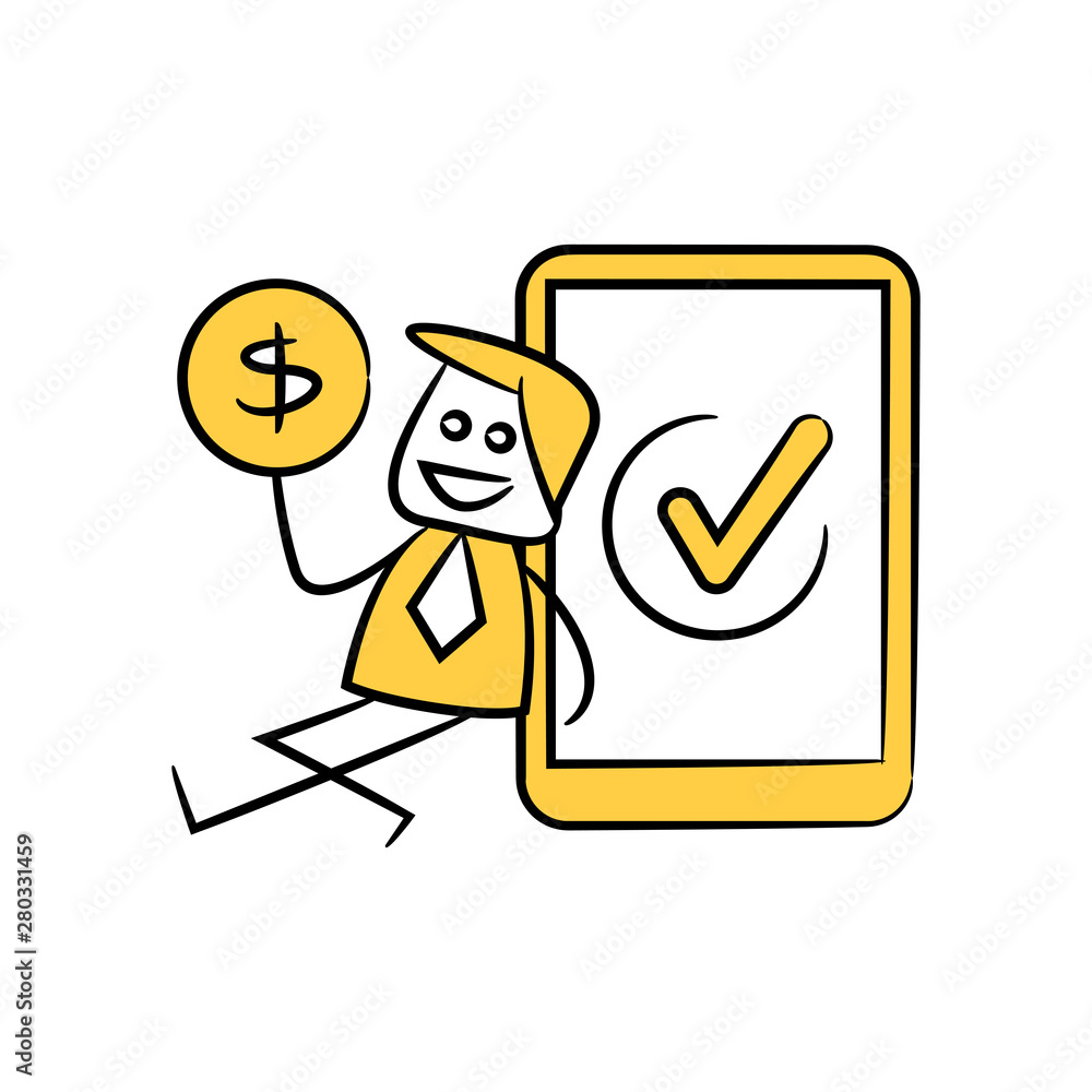businessman holding money sitting next to mobile phone yellow stick figure theme
