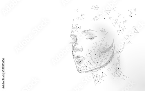 Low poly female human face laser skin treatment. Rejuvenation procedure beauty salon care. Clinic medicine cosmetology innovation technology. 3D polygonal rendering vector illustration