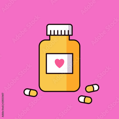 Cartoon colorful medical bottle with pills icon. Pharmacy vector illustration. 